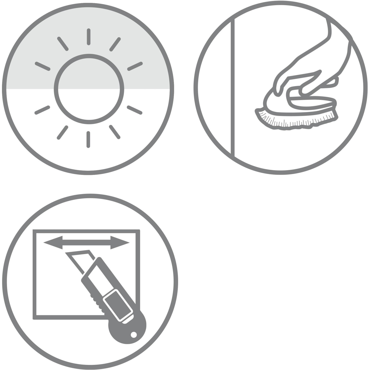 Symbole zur Montage des Schöner Wohnen Tageslicht-Rollos: Lichtdurchlässigkeit, Reinigung, Zuschnitt.