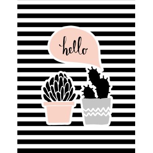 Deco Panel Hello Kaktus: Wandbild mit Kakteen vor schwarz-weiß gestreiftem Hintergrund.