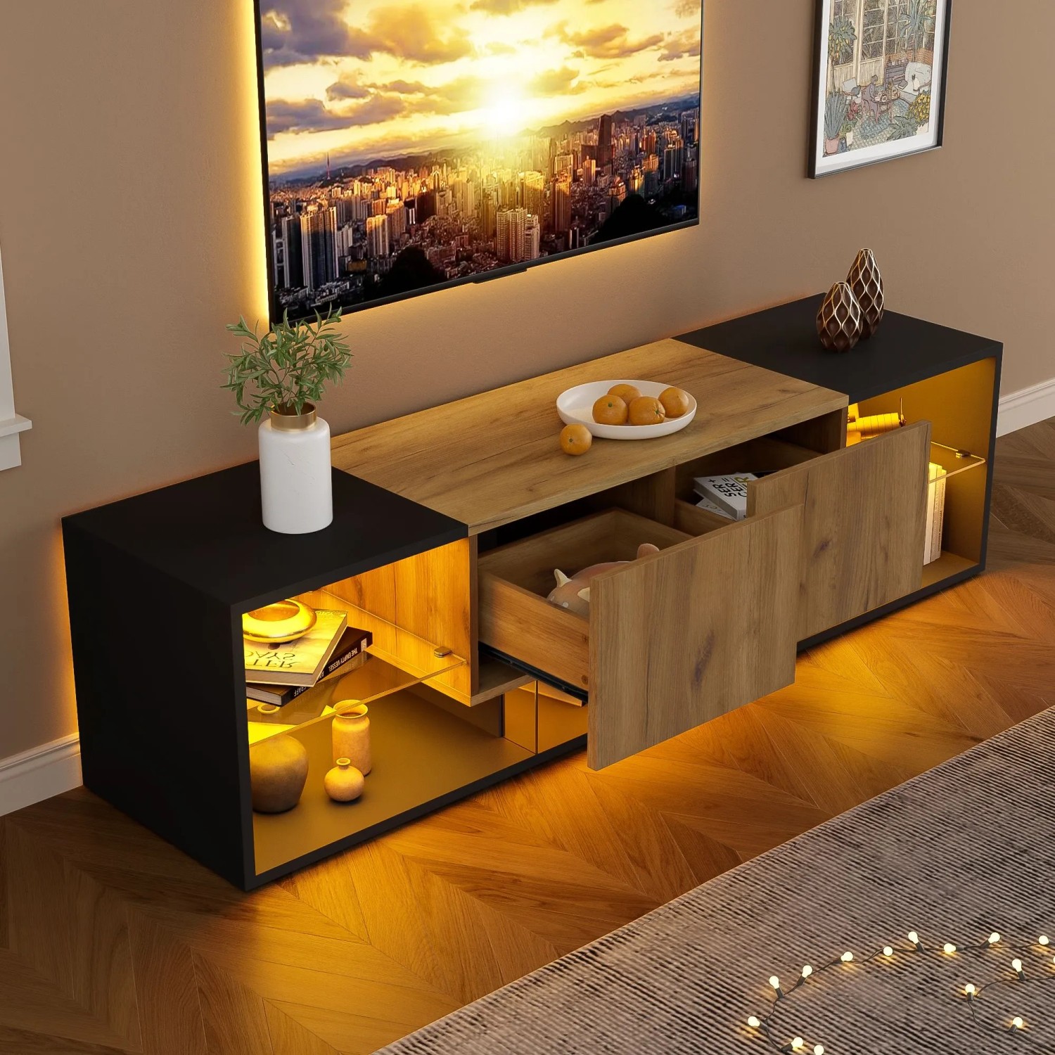 okwish TV Schrank mit Glas Schubladen Stauraum Wohnzimmer Schlafzimmer 160x40x42cm Natur kaufen bei OBI