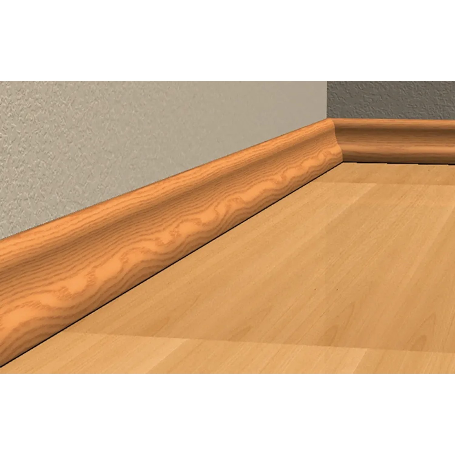 Holzfarbene Sockelleiste an Wand und Boden befestigt. Ideal zum Kleben mit Fischer Kleber.