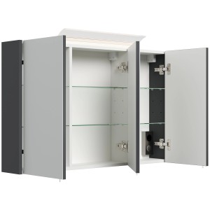 Posseik Spiegelschrank 100 cm in Grafit mit LED-Lampe und Glasböden, offene Türen.