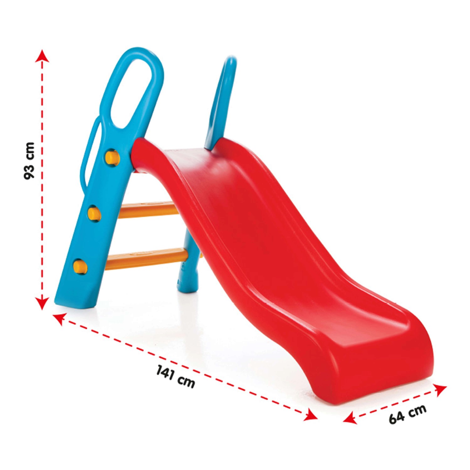 Rot-blaue Kinderrutsche Bingo, 141 cm lang, mit breiter Treppe und Handlauf für sicheren Spielspaß.