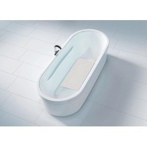 Weiße Wenko Wanneneinlage Mirasol (69x39 cm) in Badewanne mit Wasser. Rutschfeste Oberfläche mit Saugnäpfen.