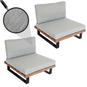 2er-Set Lounge-Sessel, hellbraunes Holz, hellgraue Polster. Gartenmöbel für Terrasse und Balkon.