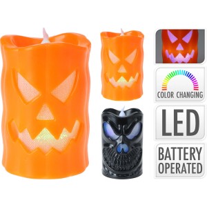 LED-Kerzen mit Halloween-Motiv: Kürbisgesicht und Totenkopf, batteriebetrieben, für stimmungsvolle Deko.
