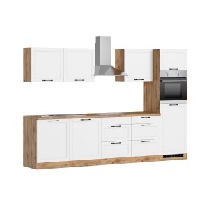 Moderne Küchenzeile Kempten 300 cm in Weiß/Wotan mit E-Geräten und Edelstahl Kaminhaube.