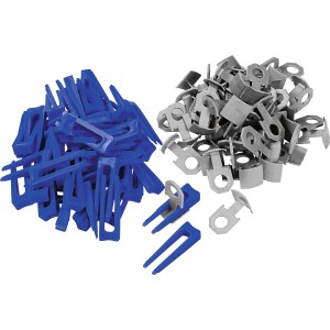 LUX Nivellierhilfe: 50 blaue Keile und 50 graue Clips (1,5 mm) zum Fliesen verlegen.