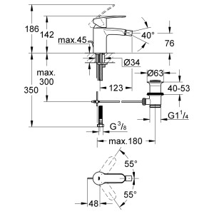 Technische Zeichnung: Grohe Eurostyle C Bidetarmatur DN 15 mit Maßen.