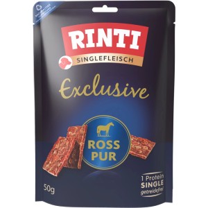Rinti Hunde-Fleischstreifen Ross, Singlefleisch-Snack für Hunde, 50g Packung.