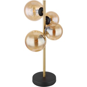 Globo LED-Tischlampe Riha, 4-flammig, schwarz matt, mit amberfarbenen Glaskugeln.