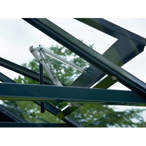 Detailaufnahme des Dachfensters mit Öffnungsmechanismus des Juliana Gewächshauses Compact 5 Anthrazit.