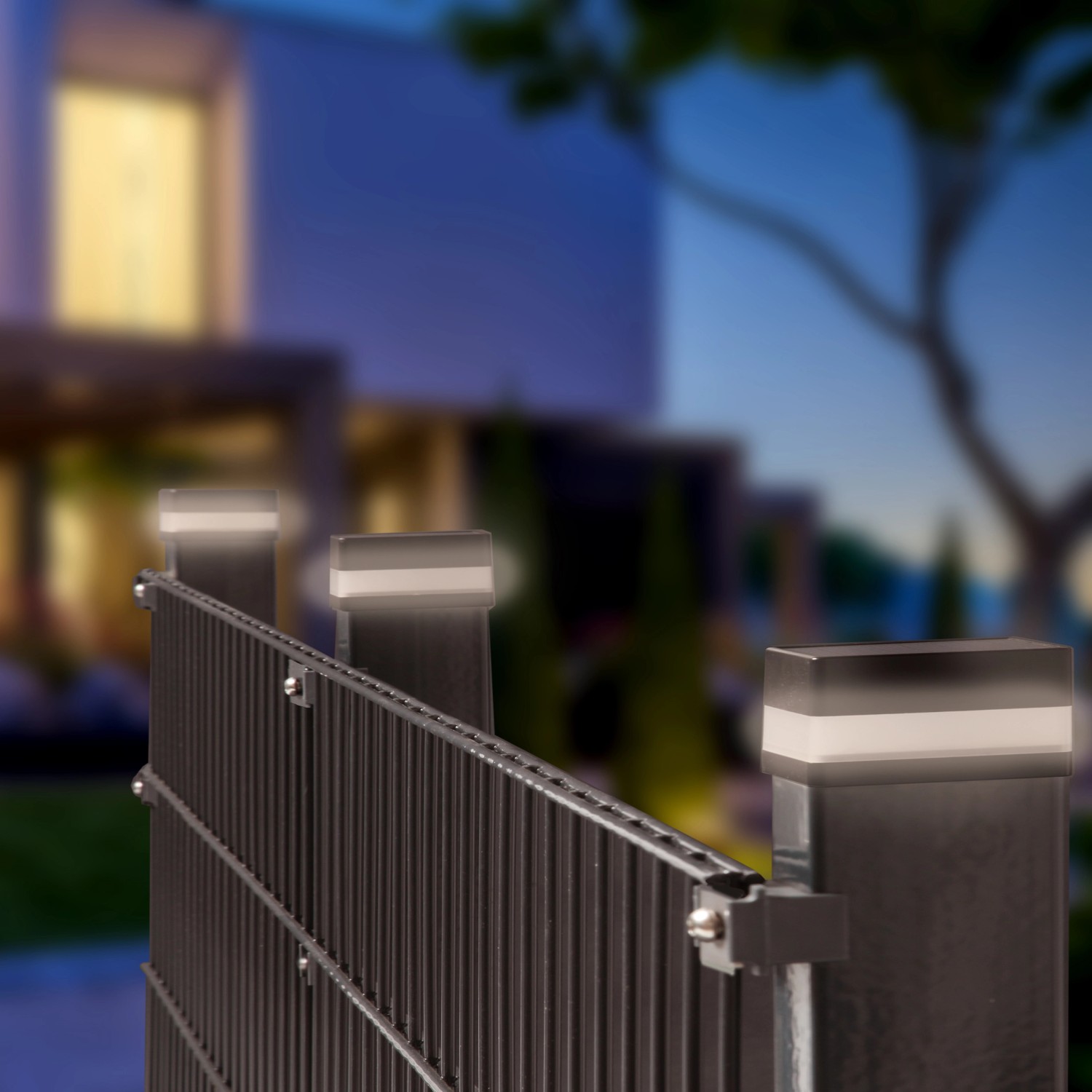 Floraworld LED Solar Pfostenkappen 2er Set in Anthrazit auf Zaunpfosten, stimmungsvolle Gartenbeleuchtung.