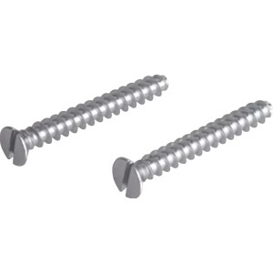 Zwei silberne E2 Elektro Geräteschrauben, 40 mm, mit Schlitz.