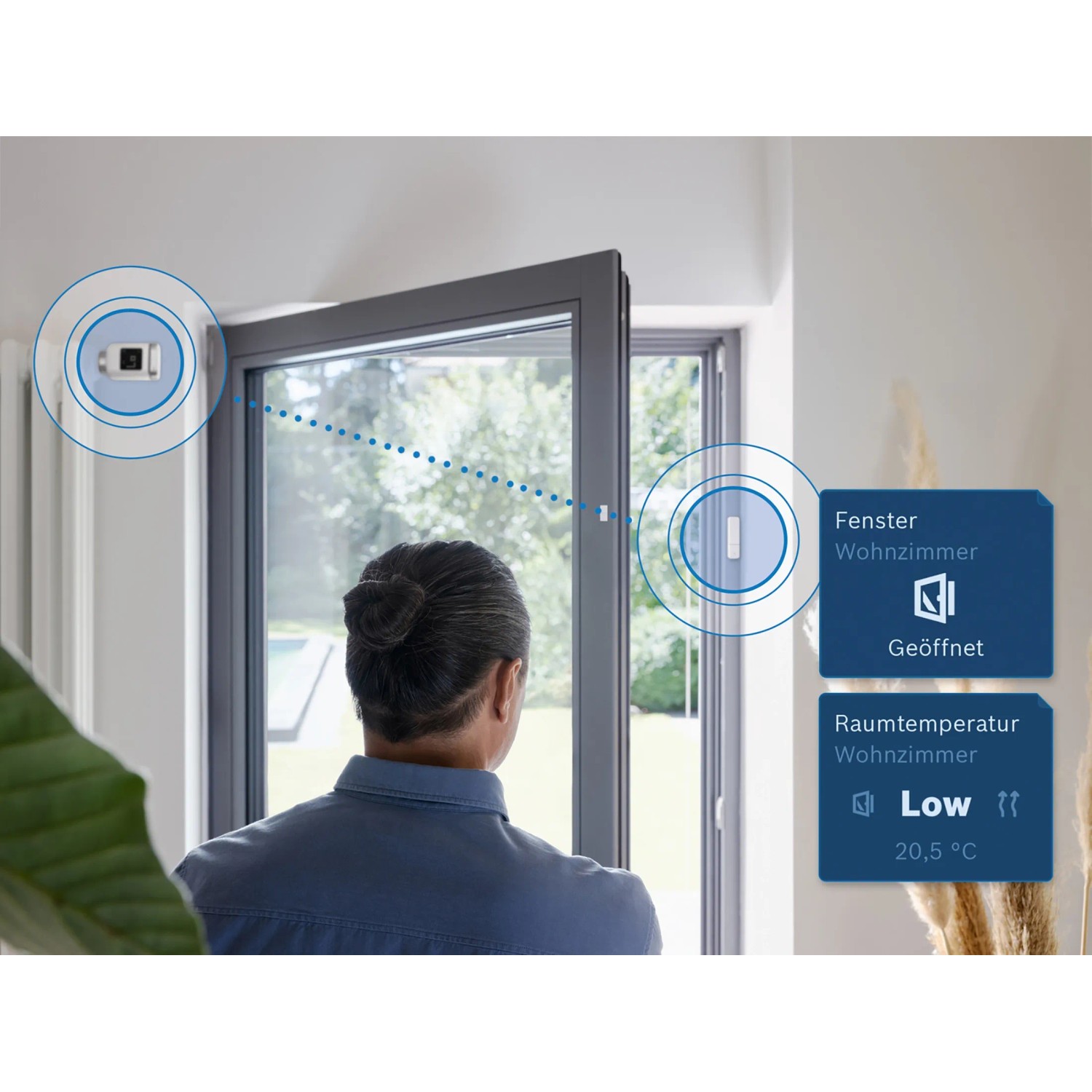 Bosch Smart Home Starter-Set Klima II: Geöffnetes Fenster mit Sensor und Temperaturanzeige.