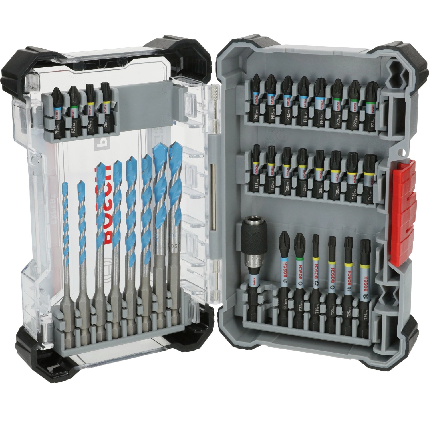Bosch Pro Impact Schrauber-Bit und Bohrer Set, 35-teilig im geöffneten Koffer.