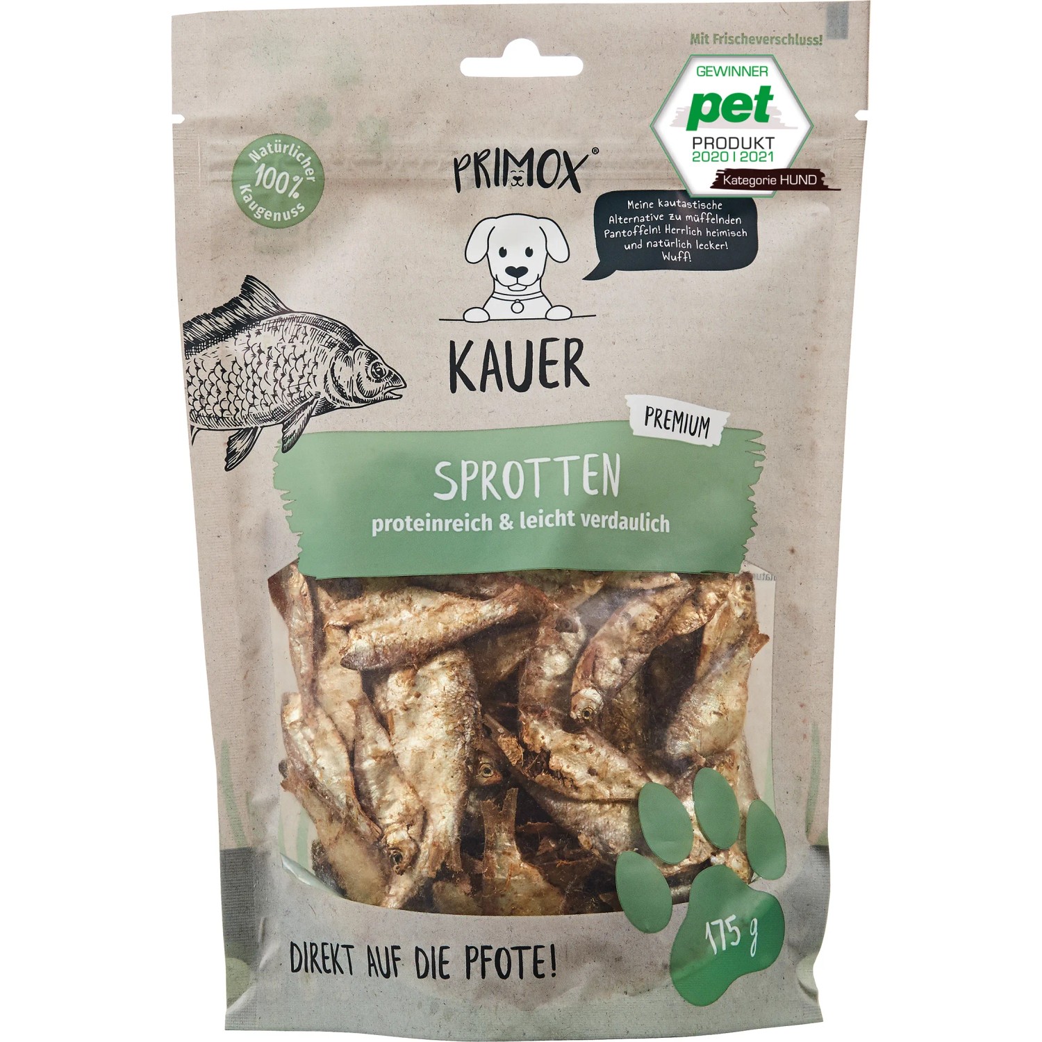 Primox Hunde-Snack Kauer Premium Sprotten, 175g Packung getrocknete Natursnacks für Hunde.