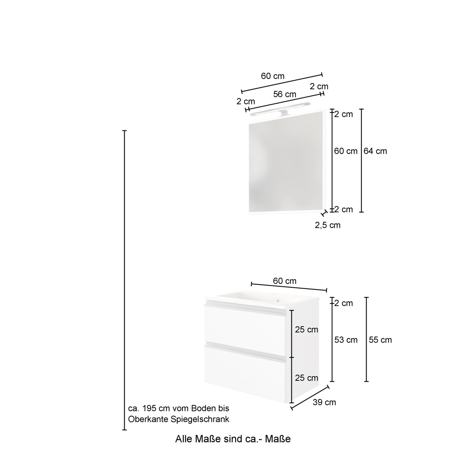 Held Möbel Gäste-Waschtisch-Set Neapel, 60 cm, Eiche Rauchsilber/Graphitgrau, mit Maßen.