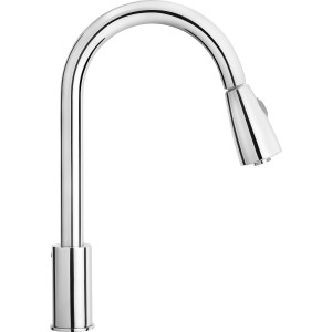 Chromfarbene baliv Küchenarmatur KI-1320 mit hohem, gebogenem Auslauf und herausziehbarer Handbrause.