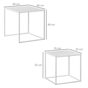 Weißes HOMCOM Couchtisch-Set aus Stahl: zwei quadratische Beistelltische, 40x40x40 cm und 35x35x35 cm.