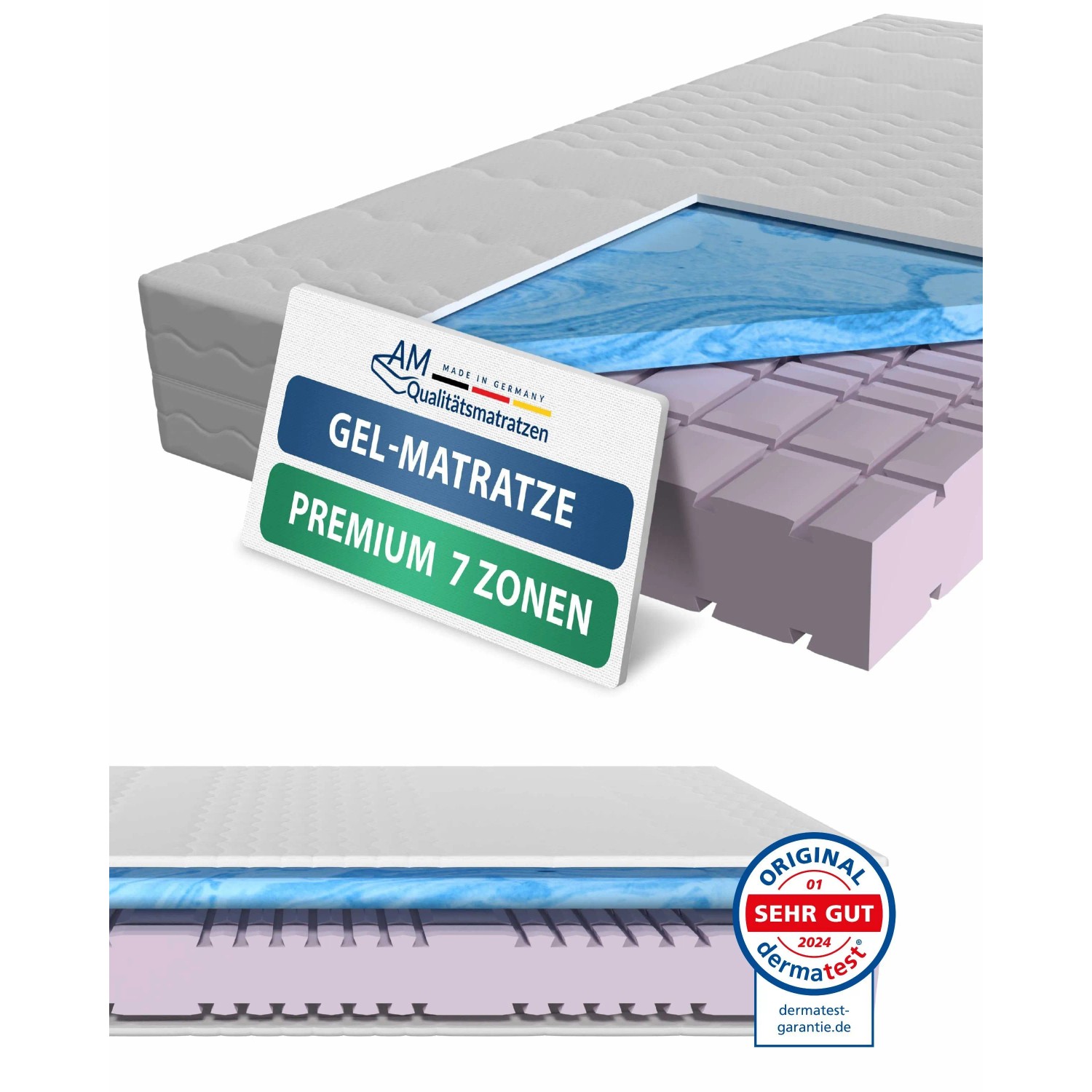 AM Qualitätsmatratze Premium 7 Zonen Gelmatratze 90x200cm H2 mit Gelschaum und Kaltschaumkern
