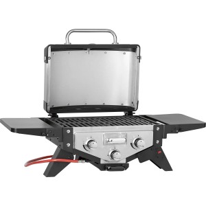 Jamestown Braxton Gas-Tischgrill mit 2 Brennern, offen, mit Ablagetischen und Gussrost.