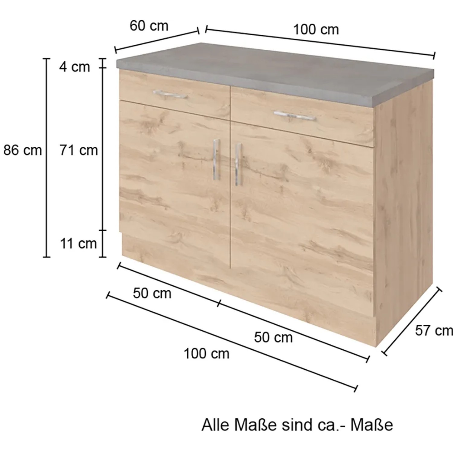 Held Möbel Unterschrank Sorrento, 100x85x60 cm, Eiche Wotan/Grafik Dekor, mit 2 Schubladen und 2 Türen.