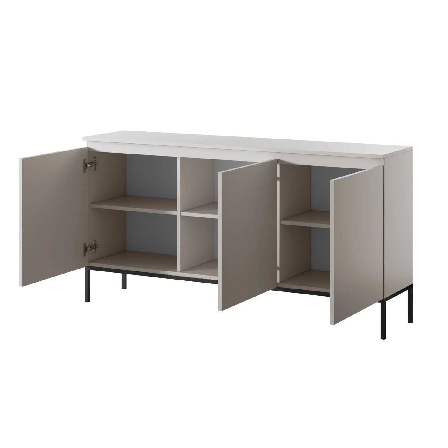 Selsey Sideboard Bemmi, kaschmirgrau, 150 cm, mit schwarzen Metallbeinen. Offene Fächer bieten viel Stauraum.