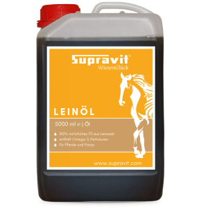 Supravit Leinöl Liquid für Pferde, 5000 ml Kanister mit rotem Deckel. Kaltgepresstes Pferdefutter mit Omega-3.