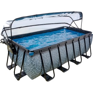 Grauer EXIT Stone Pool 400x200 mit Abdeckung und Sandfilterpumpe. Stahlrahmenpool mit Steinmuster.