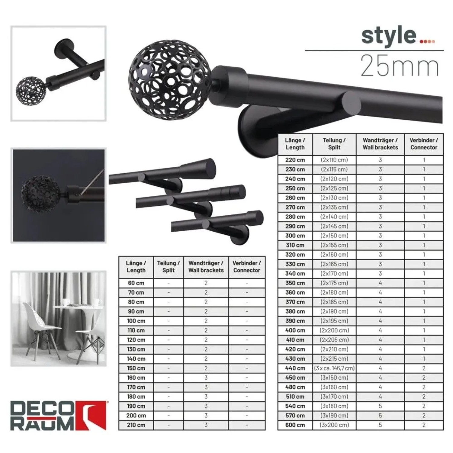 Deco-Raum Gardinenstange nach Maß 1-Lauf Kugel Ø 25mm Schwarz 380cm_4