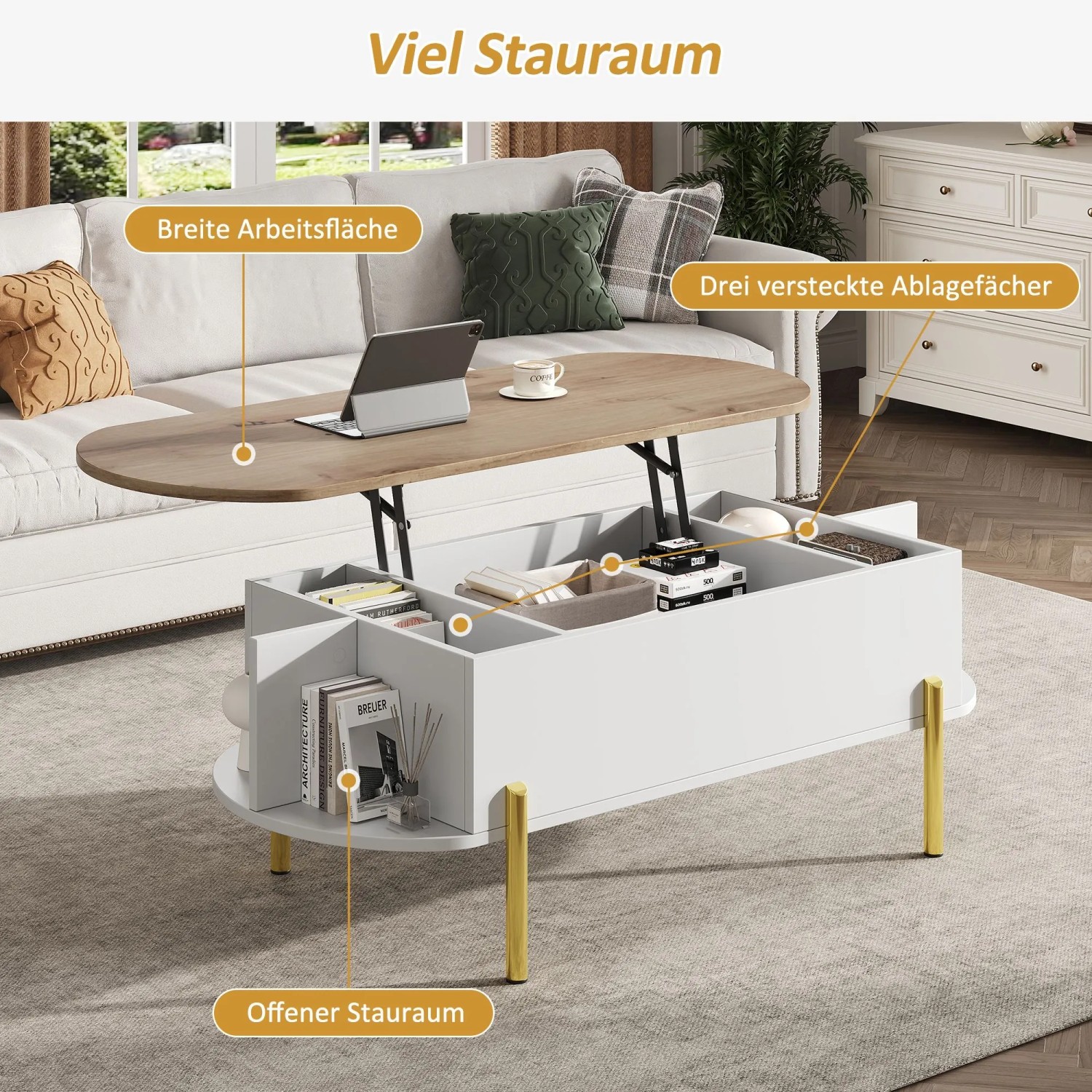 okwish Couchtisch mit HöhenVerstellbarer Platte Stauraum Ablageflächen 120x50x43cm Weiß kaufen bei OBI
