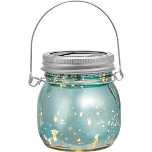 Blaue LED Solar-Dekoleuchte aus Glas mit Bügel, Ø 8x9 cm, für Garten und Balkon.