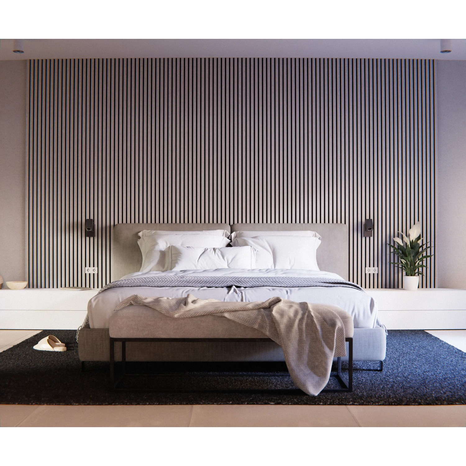 Schlafzimmer mit schwarzem Akustikpaneel Esche MDF an der Wand.