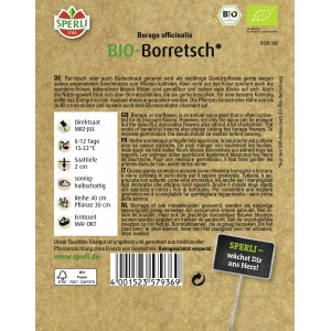 Samenpackung Sperli Borretsch Bio. Einjährige Gewürzpflanze mit blauen Blüten.
