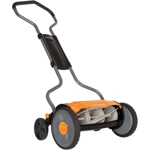 Fiskars Spindelrasenmäher StaySharp Plus, Handrasenmäher mit orangem Gehäuse und grauem Griff.