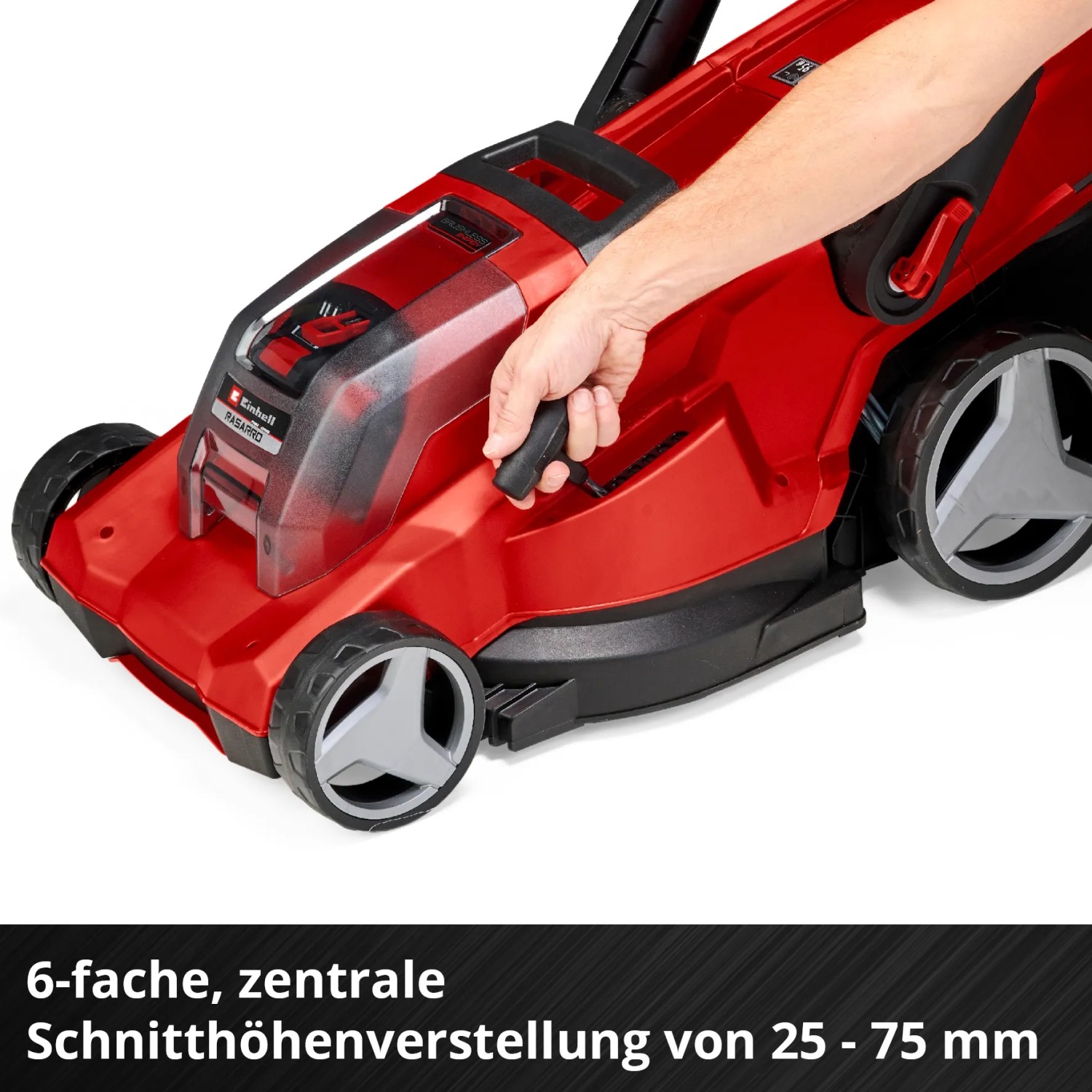Roter Einhell Akku-Rasenmäher Rasarro 36/40 mit zentraler Schnitthöhenverstellung.