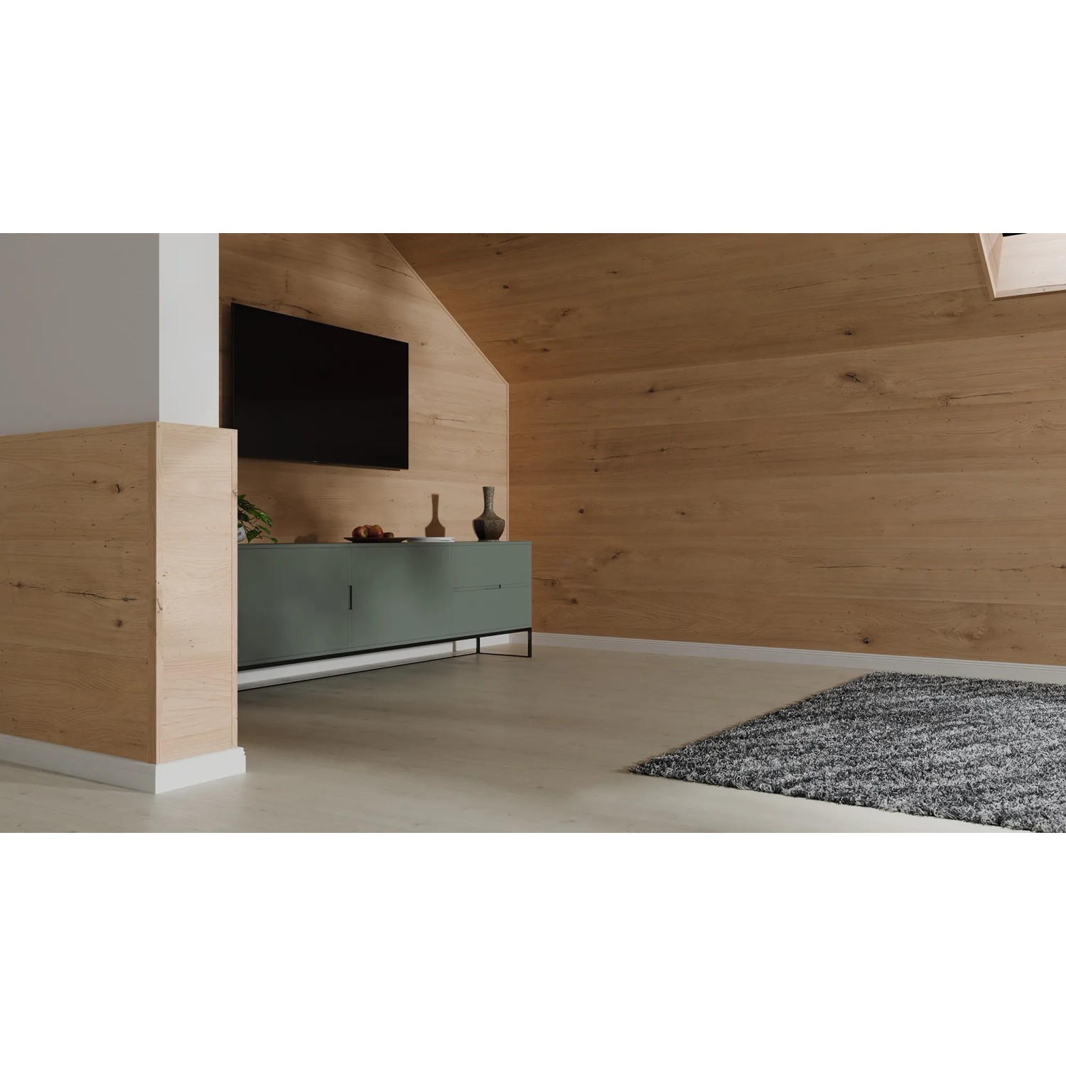 Raum mit Egger Faltleiste Decowall FL009 Esbjerg in Hellbraun als Wandverkleidung.