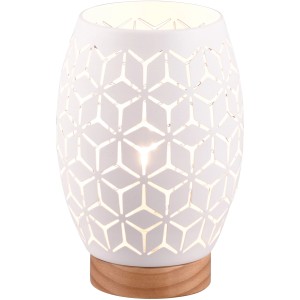 Weiße Reality Tischleuchte Bidar mit Holzfuß und geometrischem Muster. Design-Tischlampe.
