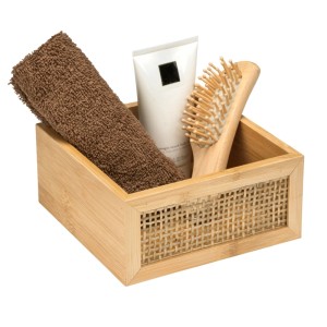 Wenko Bad-Ablage Allegre aus Bambus/Rattan mit Handtuch, Tube und Bürste.