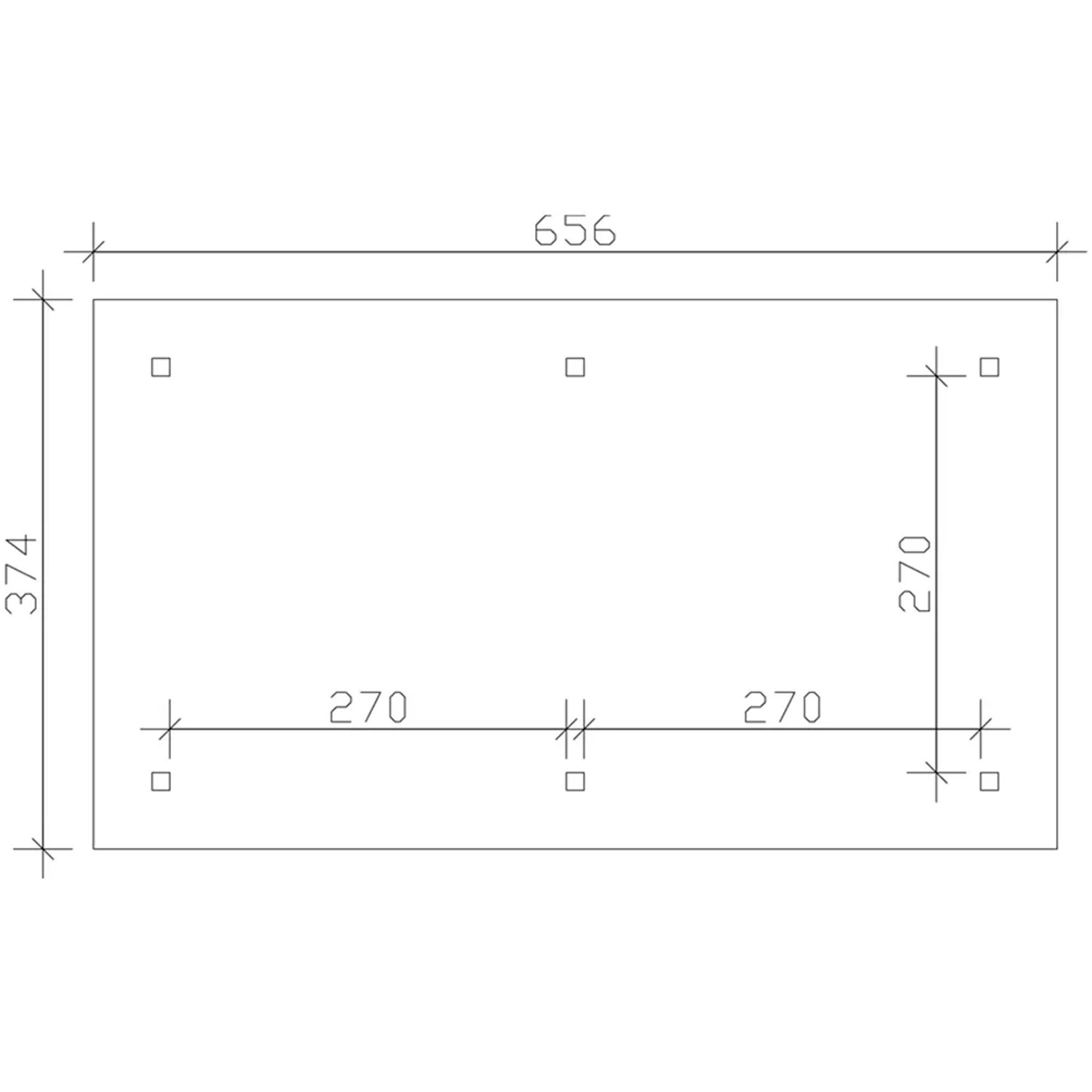 Skizze des Skan Holz Pavillon Orleans 1 mit Maßangaben (294x576cm) für Fundamentplanung.