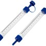 Zwei LUX Messröhren Classic für Schlauchwasserwaagen mit blauen Enden und Skala.