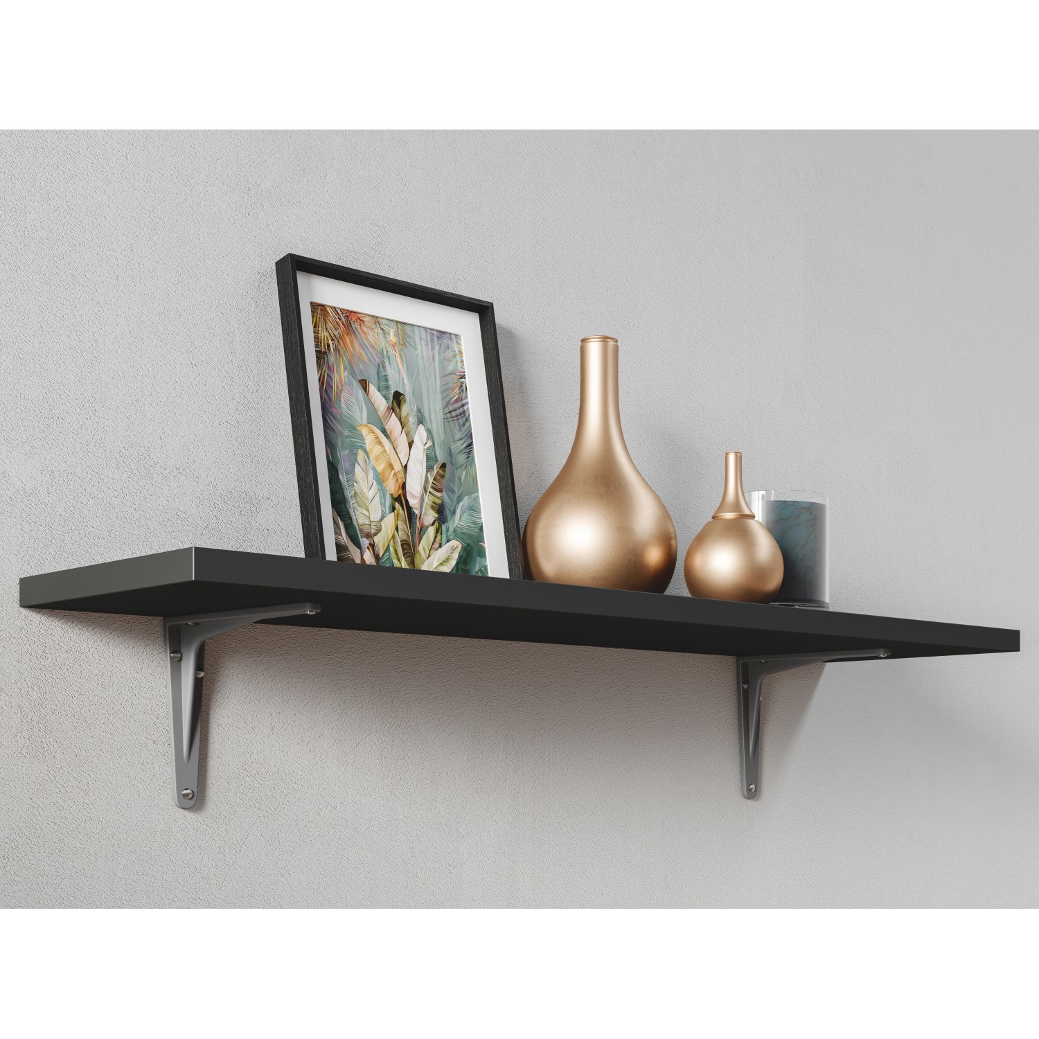 OBI Schwerlastkonsole Hercules, Aluminium, 300x250 mm mit schwarzem Regalbrett und Dekoration.