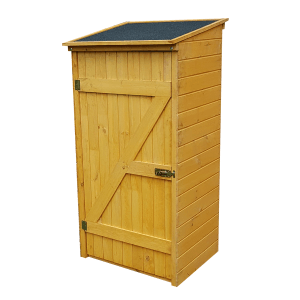 Geräteschrank Speyer honigbraun aus Kiefernholz mit Tür und schrägem Dach.