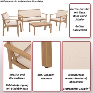 Gartenmöbel-Set: Tisch, Bank und zwei Stühle aus geöltem Akazienholz mit beigen Kissen.
