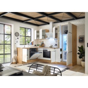 Respekta Winkelküche Marleen in Artisan-Eiche und Weiß Hochglanz mit E-Geräten.