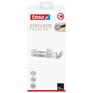 Verpackung der Tesa Duschablage Exxclusiv in Edelstahloptik. Rostfreies Duschregal zur Wandmontage.