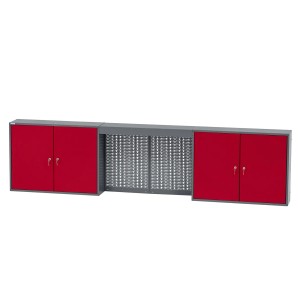 Küpper Werkbank-Set, 6-türig mit Schubladen, dunkelrot. Werkbank mit Hängeschrank und Lochrückwand.