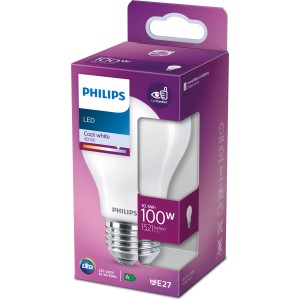 Philips LED-Lampe E27, 10,5W, 1521lm, Glühlampenform in Verpackung.