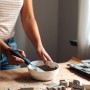 DIY Betonbuchstaben & -zahlen gießen: Frau mischt Beton in Schale, fertige Buchstaben liegen auf Tisch.