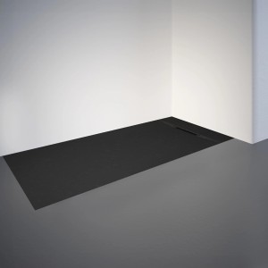 Rechteckige, anthrazitfarbene Schulte Duschwanne ExpressPlus Extraflach 170x70 cm im Badezimmer.